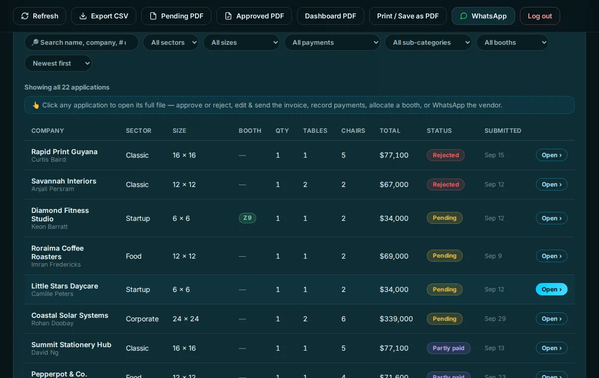 The applications list with search, filters and status labels