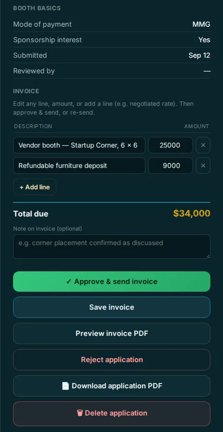 An editable invoice with approve and send, preview PDF and download PDF buttons