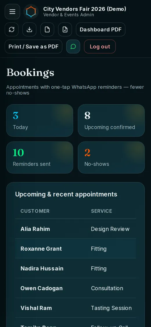 The bookings screen on a phone with appointments