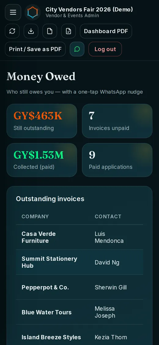 The money owed screen on a phone with outstanding invoices